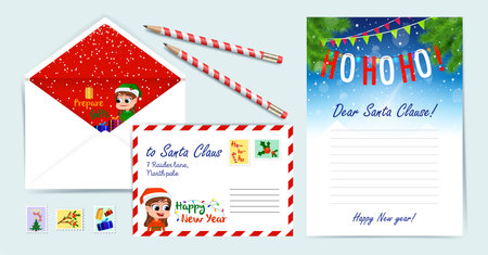 Christmas template set, Letter from Santa Claus, Letter to Santa, envelope, postage stamps. for children's desires and wish list. Christmas Greeting Card.のイラスト素材
