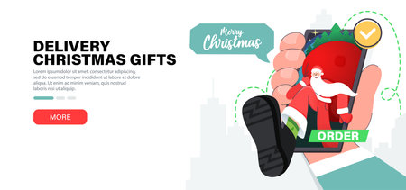 Fast online delivery Christmas gifts. Santa coming through smartphone screen. Modern delivery service. New Year sale. Stylish Merry Christmas and Happy New Year vector illustration in flat style.のイラスト素材