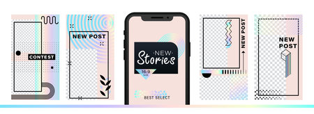 Set of abstract trendy design for stories with dispersion effect. Editable template for social networks stories. For create trendy stories, sales, poster, new posts in memphis and hipster style.のイラスト素材