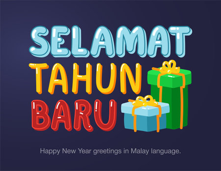 Happy New Year greetings in Malay language in cartoon style. Inscriptions "Happy New Year" in Malay language for posters, greeting card, stickers or prints.のイラスト素材