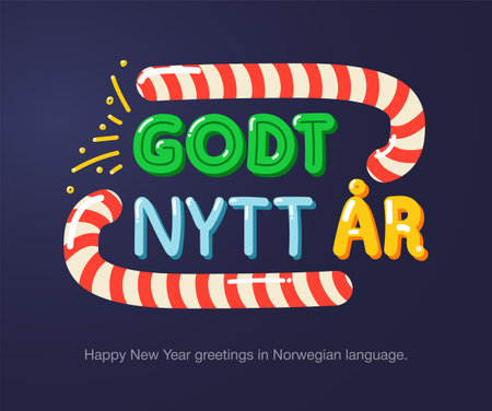 Happy New Year greetings in Norwegian language in cartoon style. Inscriptions "Happy New Year" in Norwegian language for posters, greeting card, stickers or prints.のイラスト素材