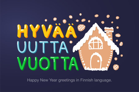 Happy New Year greetings in Finnish language in cartoon style. Inscriptions "Happy New Year" in Finnish language for posters, greeting card, stickers or prints.のイラスト素材