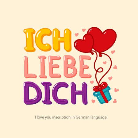 Inscription "I Love You" in German language hand-drawn in cartoon style for posters, greeting card, stickers, print.のイラスト素材