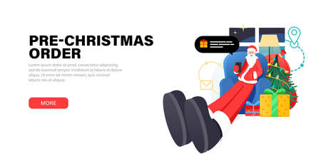 Happy Santa Claus relaxing at home christmas eve sits in a chair and accept pre-orders for gifts, and Answering on children's requests via smartphone. Banner with gift boxes, christmas tree and Santaのイラスト素材