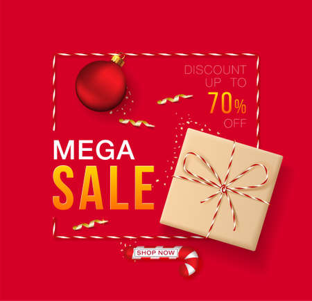 Merry Christmas and New Year banner for mega sale and discount. Red background with realistic gift box in craft paper, Christmas balls, christmas tree, candy and golden confetti.のイラスト素材