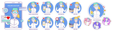 Large set with female Doctor scientist in a different poses and situations in a flat cartoon minimal style.のイラスト素材
