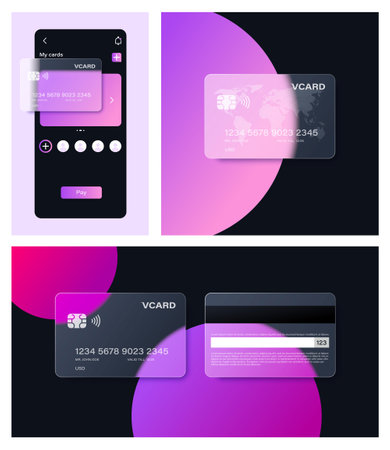 Glassmorphism bank card in popular Frosted Glass style. For banners, websites, apps and other modern ui design projects. Created from blend and easy to change color.のイラスト素材