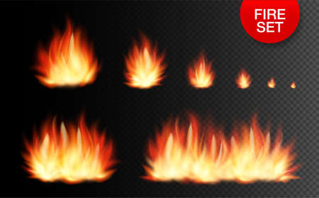 Set of realistic fire elements from the smallest fire to a huge bonfire isolated on transparent background. Vector set flame and bonfire.のイラスト素材