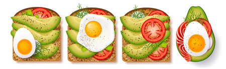 Big set toasts with fresh slices of ripe avocado, seasoning and dill, tomato, fried egg and red fish. Delicious avocado sandwich.のイラスト素材