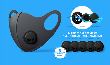 Reusable antiviral mask with breather filter valve. Safety breathing mask with replacement filter. Safety N95 mask or PM2.5 respirator, dust protection, against flu,pollution, virusesのイラスト素材
