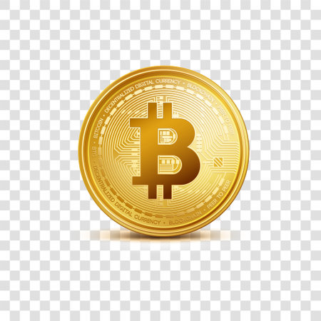 Realistic virtual golden bitcoin coin. Crypto currency golden coin bitcoin symbol isolated on transparent background.のイラスト素材