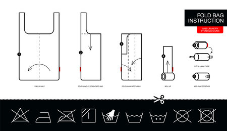 Instruction how to fold step by step eco bag, foldable reusable shopping bags. Concept with instructions how to fold reusable eco bags for print on a care Labels.のイラスト素材
