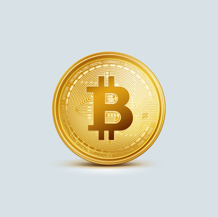 Realistic virtual golden bitcoin coin. Crypto currency golden coin bitcoin symbol isolated on gray background.のイラスト素材