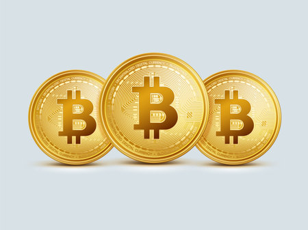 Three realistic virtual golden bitcoin coin. Crypto currency golden coin bitcoin symbol isolated on gray background.のイラスト素材