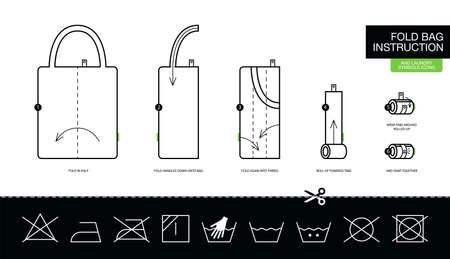 Instruction how to fold step by step eco bag, foldable reusable shopping bags. Concept with instructions how to fold reusable eco bags for print on a care Labels.のイラスト素材