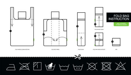 Instruction how to fold step by step eco bag, foldable reusable shopping bags. Concept with instructions how to fold reusable eco bags for print on a care Labels.のイラスト素材