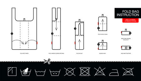 Instruction how to fold step by step eco bag, foldable reusable shopping bags. Concept with instructions how to fold reusable eco bags for print on a care Labels.のイラスト素材