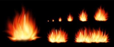 Set of realistic fire elements from the smallest fire to a huge bonfire isolated on black background. Vector set flame and bonfire.のイラスト素材