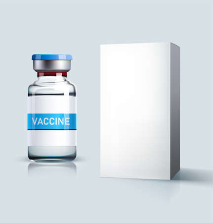 Realistic glass ampoule with Vaccine and white box isolated on a gray background. Vaccination and immunization conceptのイラスト素材