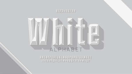 Original white retro font with facets, bold 3d alphabet set with letters and numbers.のイラスト素材