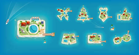 Big set with Top view Island in the form of a camera, aircraft, shorts, suitcase, sunglasses, swimsuit and Christmas tree for Travel and tourism design.のイラスト素材