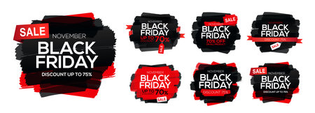 Collection abstract ink blots with Black Friday sale inscription. Black Friday template set for your banner or poster. Sale and discount. Vector illustrationのイラスト素材