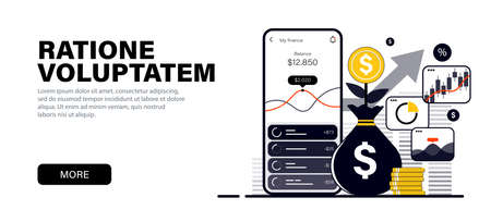 Concept in modern flat black colors for website and mobile website development on the topic payment via smartphone, online investment. Strategy and return on investmentのイラスト素材