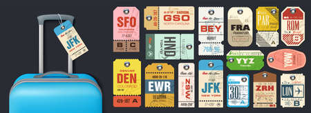 Big set or Retro travel luggage labels, airline tags and baggage tickets. Collection vintage luggage tags.のイラスト素材