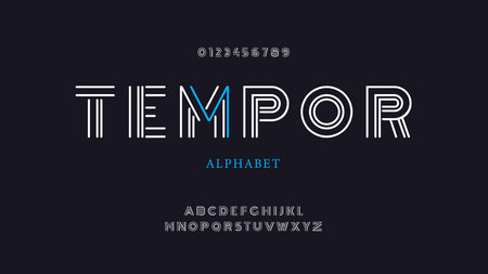 Modern trendy alphabet fonts, abstract uppercase letters and numbers formed by parallel lines.のイラスト素材