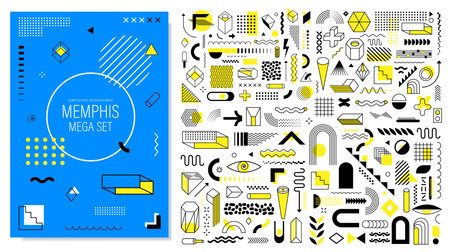 Mega Memphis set of abstract trendy geometric shapes and design elements with bright yellow color for creation advertisement, commercial banners, billboard, sale, poster, leafletのイラスト素材