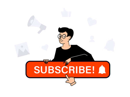 Subscribe button and a halo of icons around the young guy in modern style, bell button and hand cursor. Red button subscribe to channel, blog. Social media background.のイラスト素材