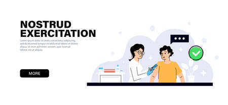 Landing page with Vaccination process. Young woman doctor in a clinic puts the vaccine to a young guy. Immunization concept isolated on white backgroundのイラスト素材