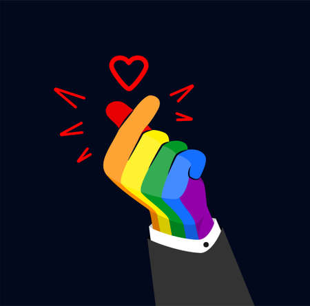 Symbol hand heart, I love you heart sign. Colorful LGBTQ rainbow flag background on a hand. Concept...