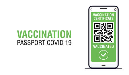 Covid-19 immune passport app. International Digital vaccine certificate for free movement and travel. Smartphone with Qr code test resultのイラスト素材