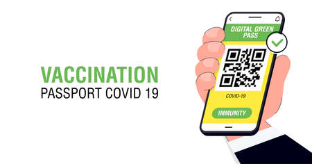 Covid-19 immune passport app. International Digital vaccine certificate for free movement and travel. Smartphone with Qr code test result in handのイラスト素材