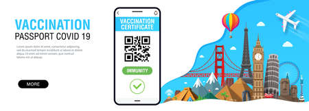 Banner with popular world landmarks and International Digital vaccine certificate for free movement...