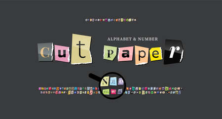 Set of colorful newspaper torn letters, alphabet fonts, letters and numbers torn from a glossy magazine.のイラスト素材