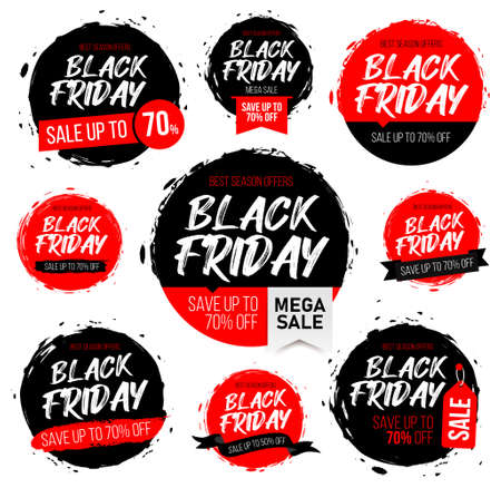 Large set of ink abstract round red and black Black Friday banners for sale and discount. Template for your banners or posters.のイラスト素材