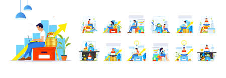 Set with men and women taking part in business activities. People in different Business scenes in modern flat styleのイラスト素材