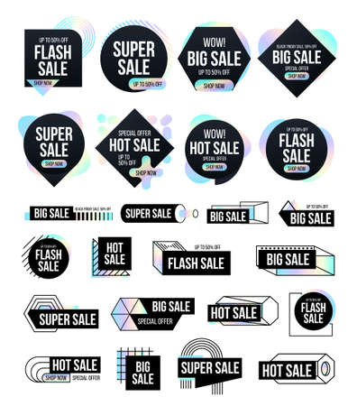 Mega set black banners with dispersion shapes. Trendy banner with rainbow shapes for black friday, season special offer, hot sale and discount. Memphis and hipster style.のイラスト素材