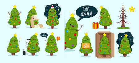 Mega Set of cute happy christmas trees with different emotions and face expressions for christma party. Merry christmas trees in cartoon style do different tasks.のイラスト素材
