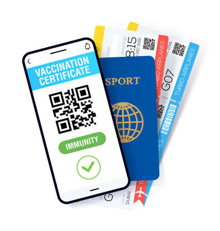 immune passport app. International Digital vaccine certificate for free movement and travel. Smartphone with Qr code test result, passport and boarding tickets.のイラスト素材