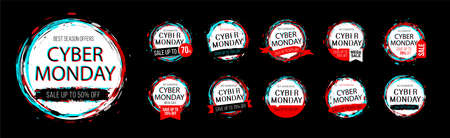 Mega set of abstract ink round banners with Glitch effect for sale and discount on Cyber Monday day. Template set for sales and discount.のイラスト素材