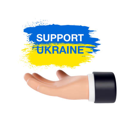3d palm holding Ukraine inks flag with an inscription Support Ukraine. Pray for Ukraine peace. Save Ukraine from russia. vector illustration.のイラスト素材