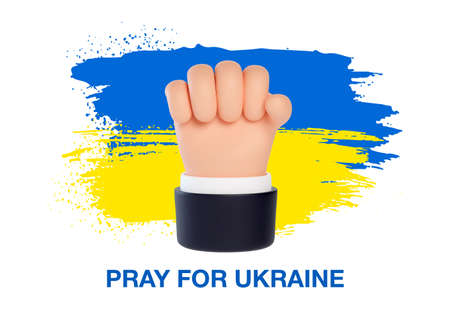 3d fist on Ukraine inks flag background with an inscription Pray for Ukraine. Pray for Ukraine peace. Save Ukraine from russia. vector illustration.のイラスト素材