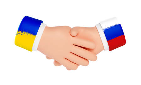 3d handshake Ukraine and Russia. No More War. Pray for Ukraine peace. Negotiations, agreements peace between russia and ukraine. vector illustration.のイラスト素材