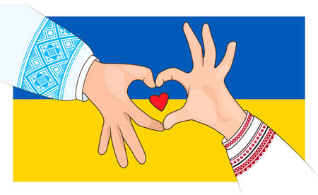Hands in the shape of a heart in support of Ukraine. Pray for Ukraine peace. Save Ukraine from russia. stay safe. Love Ukraine, Hands in heart form. vector illustration.のイラスト素材
