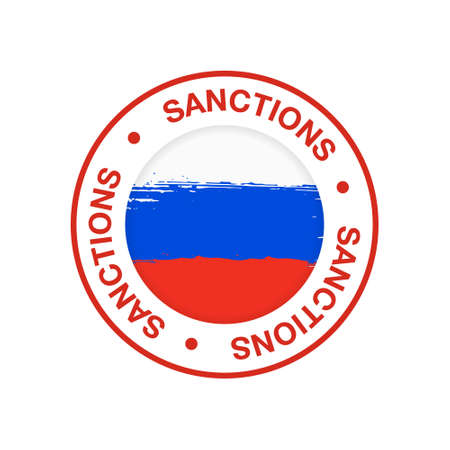Red stamp with the flag of Russia, Sanctions on Russia. US and Europe imposes sanctions on Russia. vector illustrationのイラスト素材
