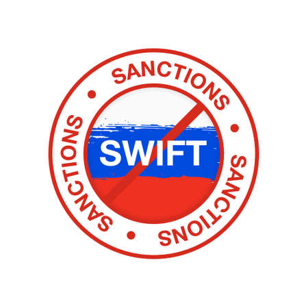 Red stamp with the flag of Russia, Sanctions on Russia. US and Europe imposes sanctions on Russia. Ban Russia from SWIFT. vector illustrationのイラスト素材