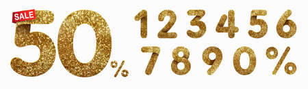 Set of golden glitter numbers 1, 2, 3, 4, 5, 6, 7, 8, 9 and 0 percent for sale and discount offers....